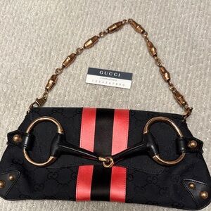 Gucci Black Canvas Pink Stripe Horsebit Shoulder Bag